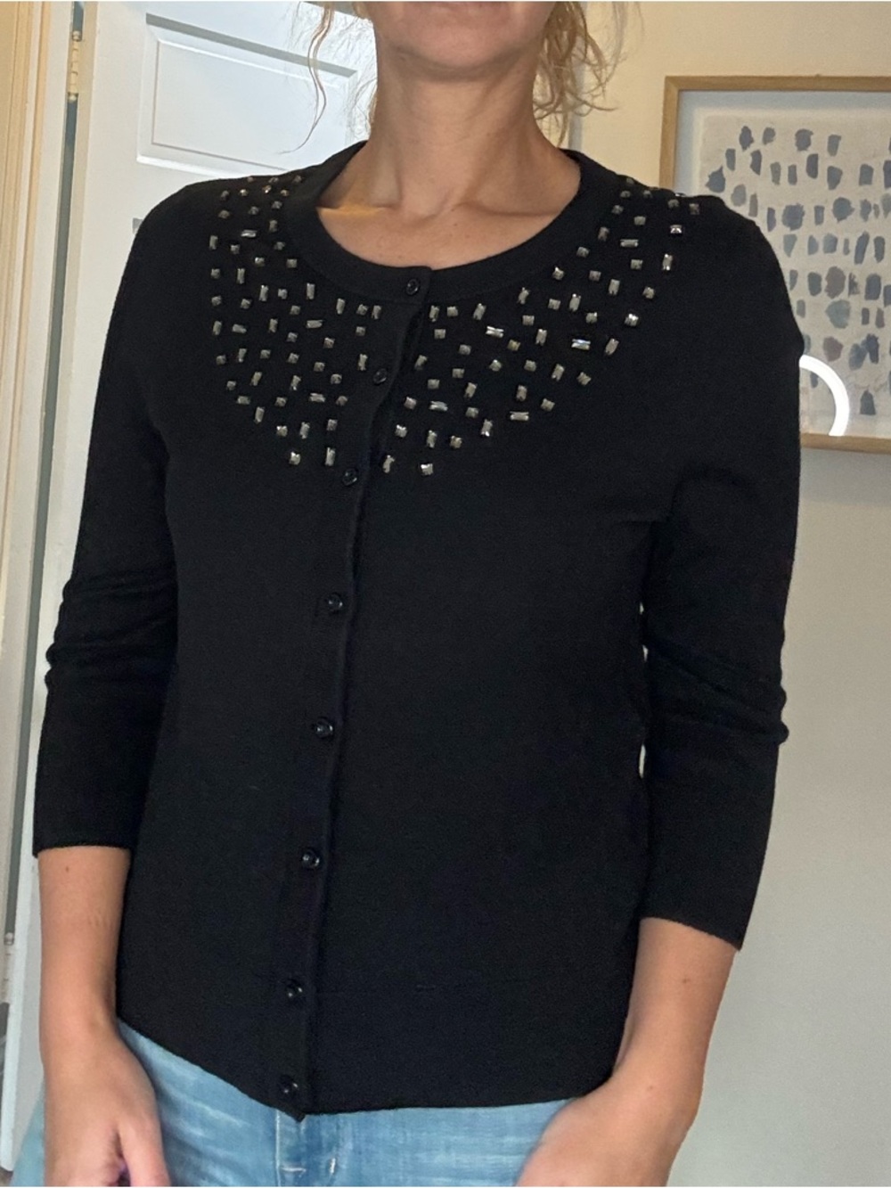 Kate Spade Embellished Black Cardigan Sweater Crystal Studded Size L